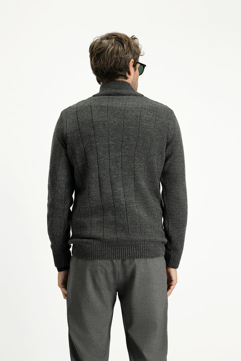 Medium Anthracite Semi-Turtleneck Regular Fit Zip-Up Patterned Knit Sweater