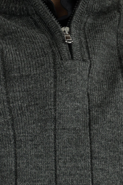 Medium Anthracite Semi-Turtleneck Regular Fit Zip-Up Patterned Knit Sweater