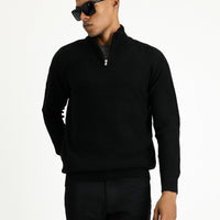 Black Semi-Turtleneck Slim Fit Narrow Cut Zip-Up Patterned Seamless Knit Sweater