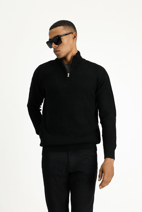 Black Semi-Turtleneck Slim Fit Narrow Cut Zip-Up Patterned Seamless Knit Sweater