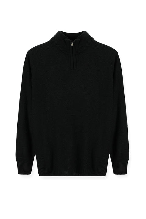 Black Semi-Turtleneck Slim Fit Narrow Cut Zip-Up Patterned Seamless Knit Sweater