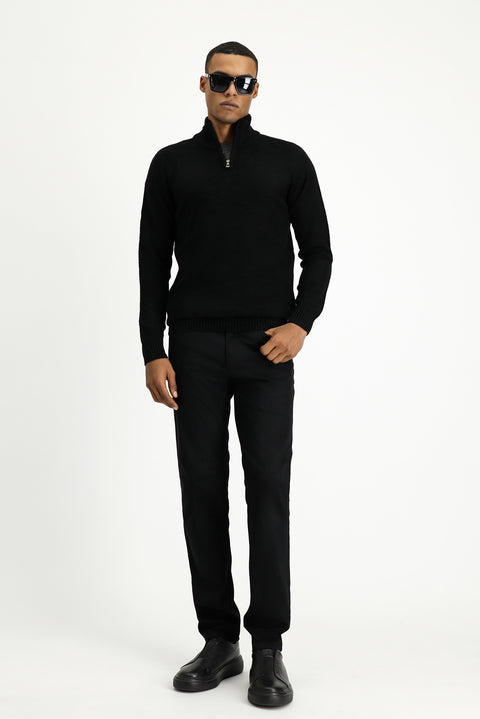 Black Semi-Turtleneck Slim Fit Narrow Cut Zip-Up Patterned Seamless Knit Sweater