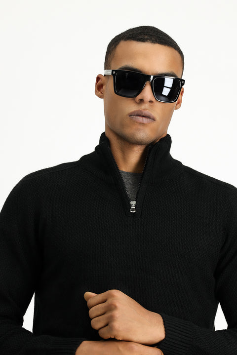 Black Semi-Turtleneck Slim Fit Narrow Cut Zip-Up Patterned Seamless Knit Sweater