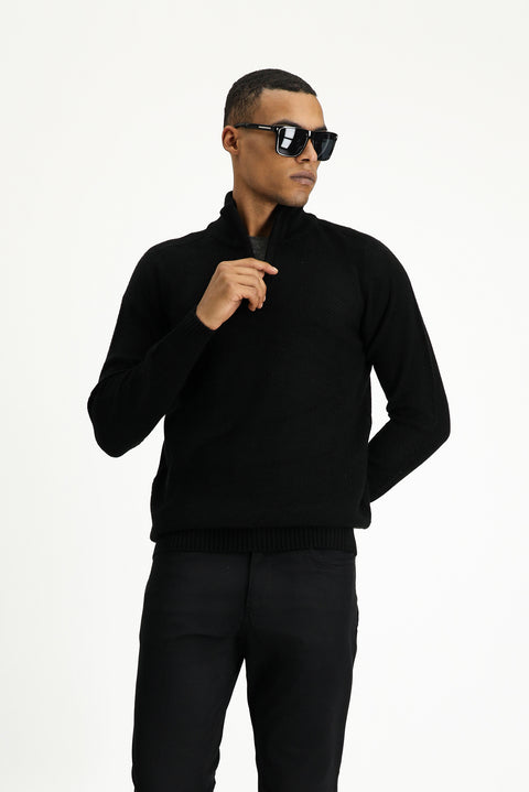 Black Semi-Turtleneck Slim Fit Narrow Cut Zip-Up Patterned Seamless Knit Sweater