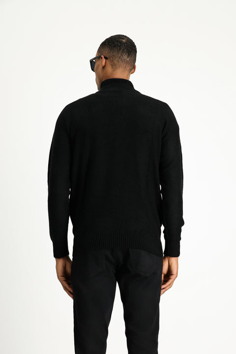 Black Semi-Turtleneck Slim Fit Narrow Cut Zip-Up Patterned Seamless Knit Sweater