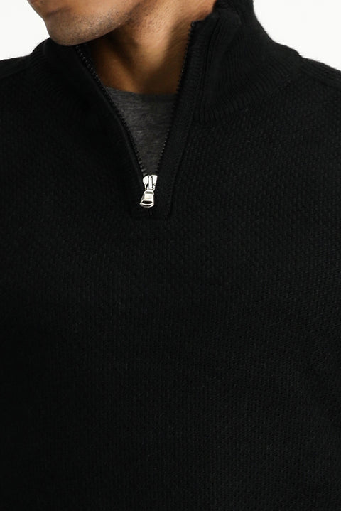 Black Semi-Turtleneck Slim Fit Narrow Cut Zip-Up Patterned Seamless Knit Sweater