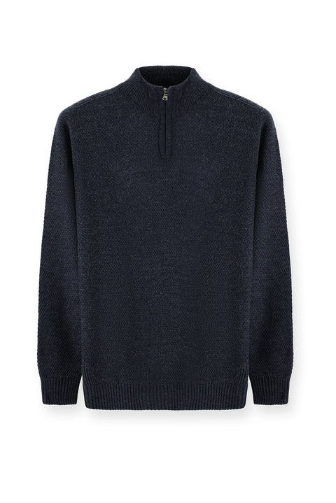 Indigo Half Turtleneck Slim Fit Narrow Cut Zip-Up Patterned Seamless Knit Sweater
