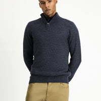Indigo Half Turtleneck Slim Fit Narrow Cut Zip-Up Patterned Seamless Knit Sweater
