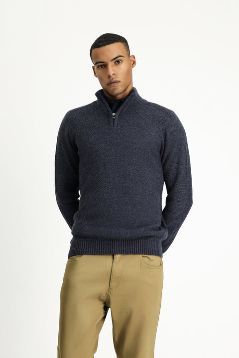 Indigo Half Turtleneck Slim Fit Narrow Cut Zip-Up Patterned Seamless Knit Sweater