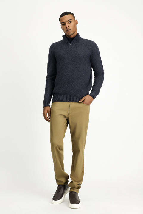 Indigo Half Turtleneck Slim Fit Narrow Cut Zip-Up Patterned Seamless Knit Sweater