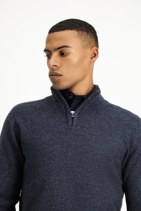 Indigo Half Turtleneck Slim Fit Narrow Cut Zip-Up Patterned Seamless Knit Sweater