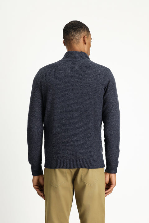 Indigo Half Turtleneck Slim Fit Narrow Cut Zip-Up Patterned Seamless Knit Sweater