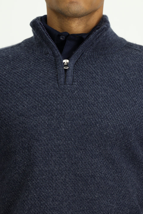 Indigo Half Turtleneck Slim Fit Narrow Cut Zip-Up Patterned Seamless Knit Sweater