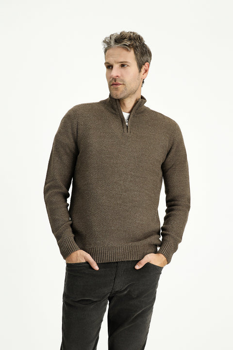 Medium Mink Half Turtleneck Slim Fit Narrow Cut Zip-Up Patterned Seamless Knit Sweater