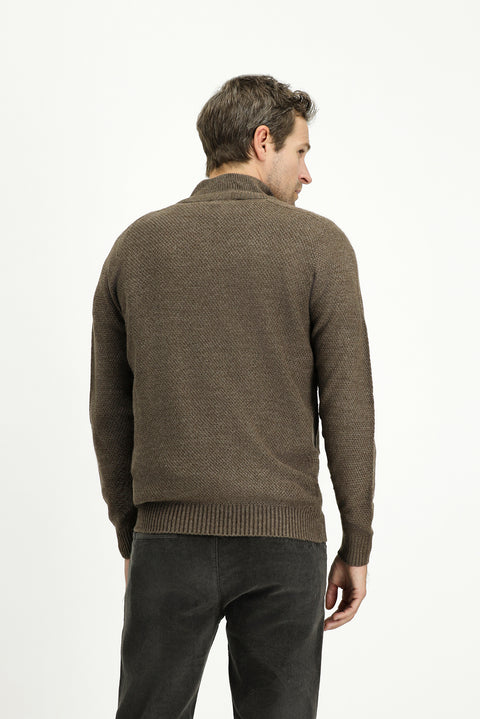 Medium Mink Half Turtleneck Slim Fit Narrow Cut Zip-Up Patterned Seamless Knit Sweater