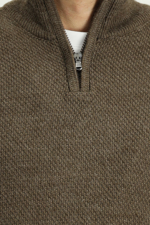 Medium Mink Half Turtleneck Slim Fit Narrow Cut Zip-Up Patterned Seamless Knit Sweater