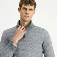 Medium Grey Melange Half Turtleneck Regular Fit Zip-Up Patterned Knit Sweater