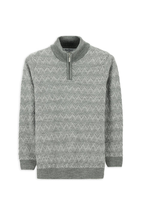 Medium Grey Melange Half Turtleneck Regular Fit Zip-Up Patterned Knit Sweater