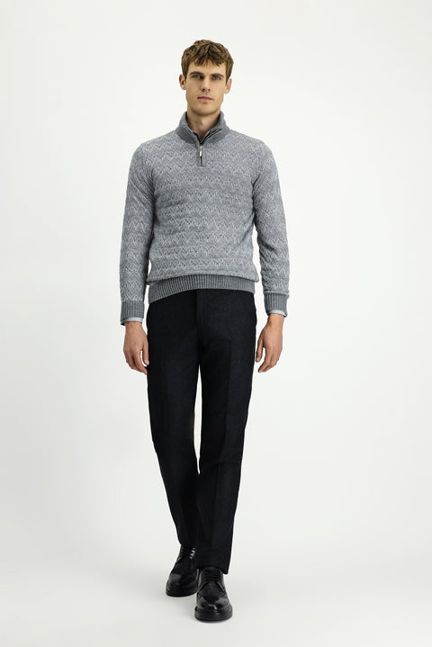 Medium Grey Melange Half Turtleneck Regular Fit Zip-Up Patterned Knit Sweater