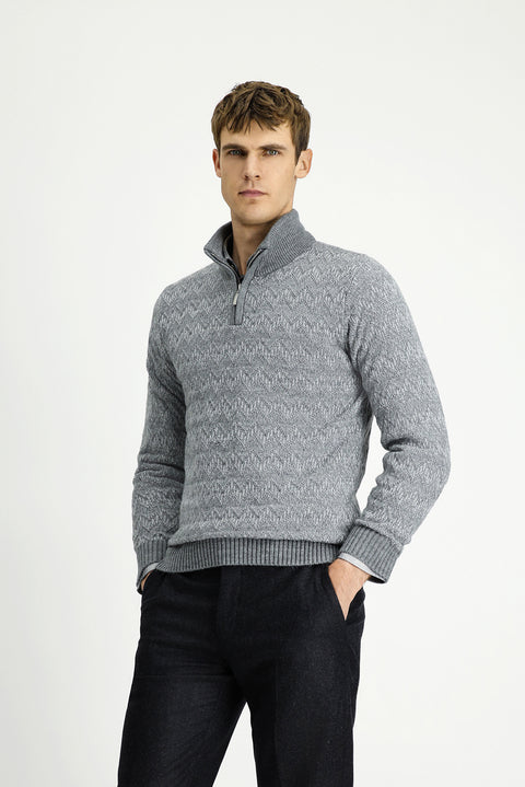 Medium Grey Melange Half Turtleneck Regular Fit Zip-Up Patterned Knit Sweater