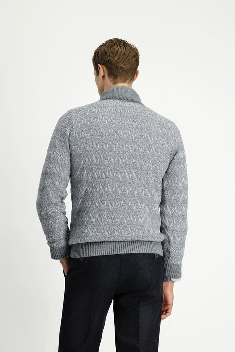 Medium Grey Melange Half Turtleneck Regular Fit Zip-Up Patterned Knit Sweater
