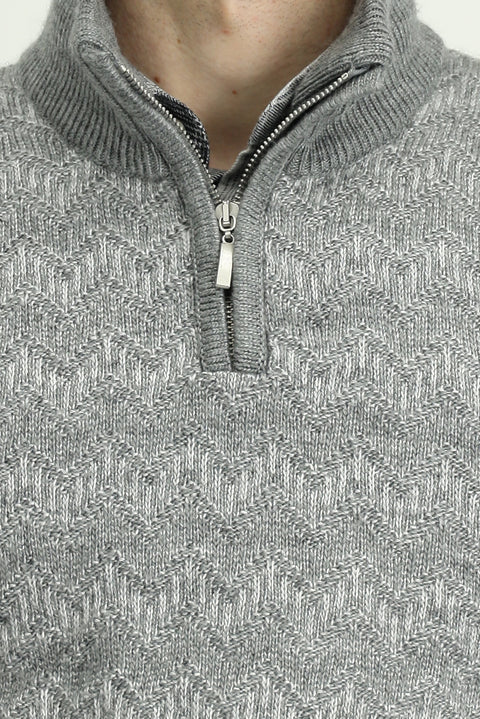 Medium Grey Melange Half Turtleneck Regular Fit Zip-Up Patterned Knit Sweater
