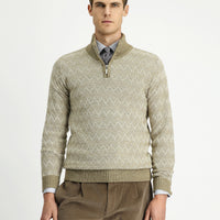 Medium Beige Half Turtleneck Regular Fit Zip-Up Patterned Knit Sweater