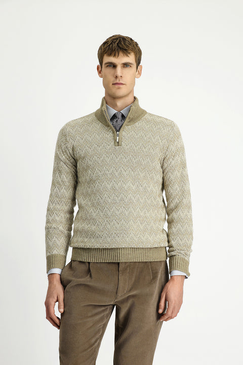 Medium Beige Half Turtleneck Regular Fit Zip-Up Patterned Knit Sweater