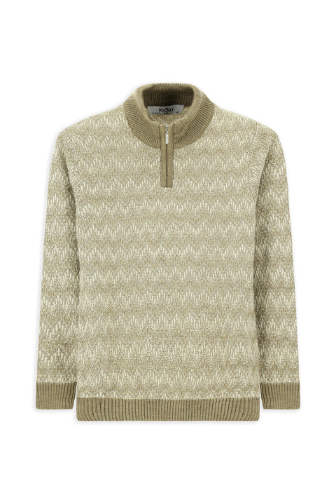 Medium Beige Half Turtleneck Regular Fit Zip-Up Patterned Knit Sweater