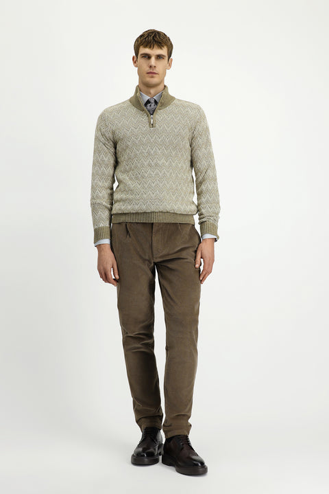 Medium Beige Half Turtleneck Regular Fit Zip-Up Patterned Knit Sweater