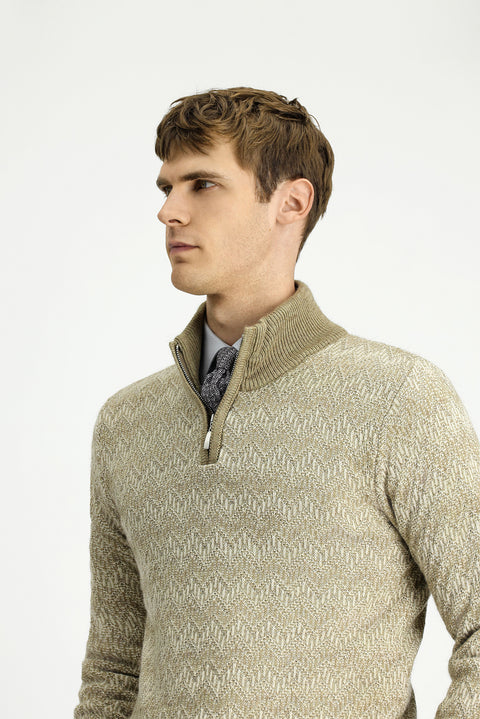 Medium Beige Half Turtleneck Regular Fit Zip-Up Patterned Knit Sweater