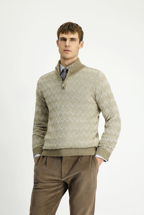 Medium Beige Half Turtleneck Regular Fit Zip-Up Patterned Knit Sweater
