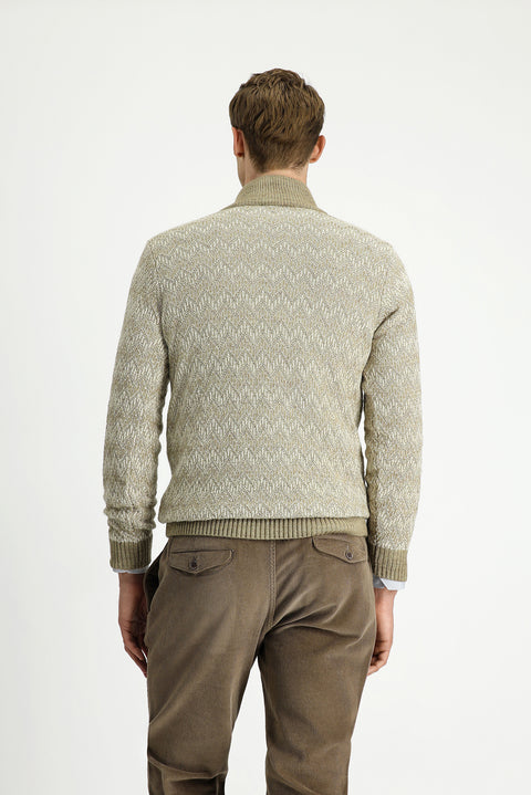 Medium Beige Half Turtleneck Regular Fit Zip-Up Patterned Knit Sweater