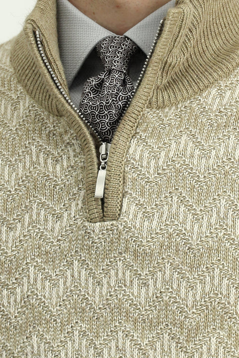 Medium Beige Half Turtleneck Regular Fit Zip-Up Patterned Knit Sweater