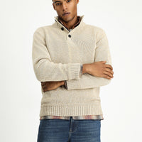 Medium Beige Half Turtleneck Button-Down Regular Fit Patterned Alpaca Wool Knit Sweater