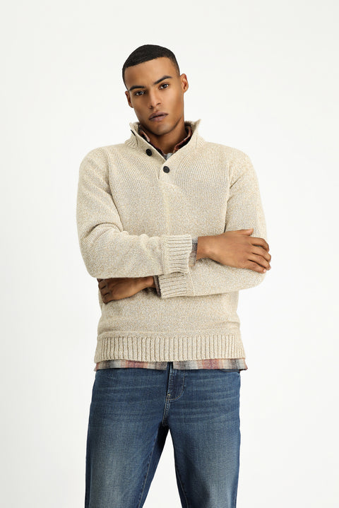 Medium Beige Half Turtleneck Button-Down Regular Fit Patterned Alpaca Wool Knit Sweater