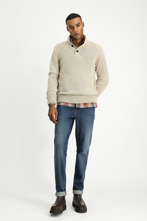 Medium Beige Half Turtleneck Button-Down Regular Fit Patterned Alpaca Wool Knit Sweater