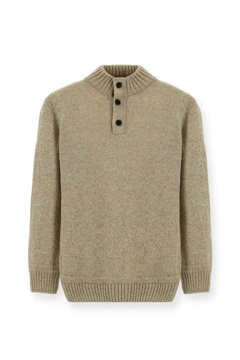 Medium Beige Half Turtleneck Button-Down Regular Fit Patterned Alpaca Wool Knit Sweater