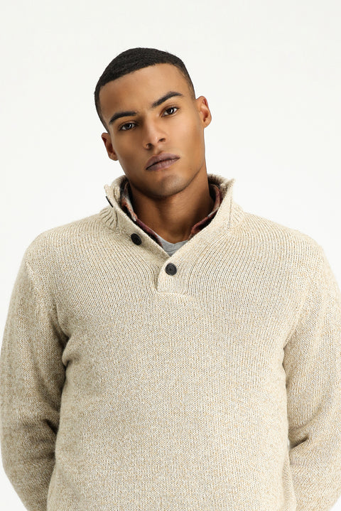 Medium Beige Half Turtleneck Button-Down Regular Fit Patterned Alpaca Wool Knit Sweater