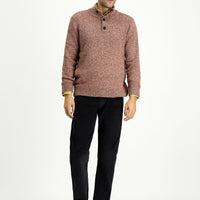 Tile-colored Half Turtleneck Button-Down Regular Fit Patterned Alpaca Wool Knit Sweater