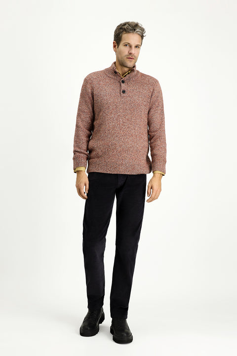 Tile-colored Half Turtleneck Button-Down Regular Fit Patterned Alpaca Wool Knit Sweater