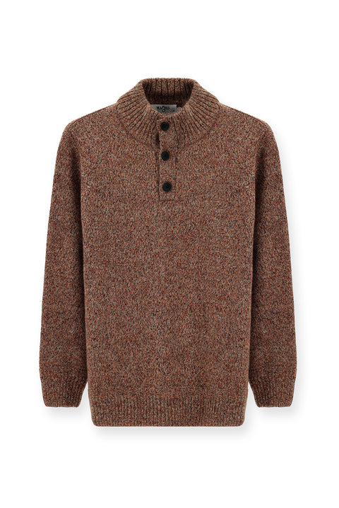 Tile-colored Half Turtleneck Button-Down Regular Fit Patterned Alpaca Wool Knit Sweater