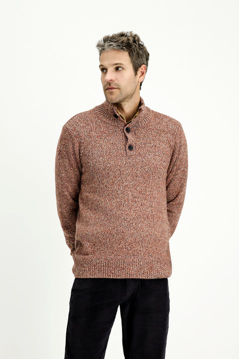 Tile-colored Half Turtleneck Button-Down Regular Fit Patterned Alpaca Wool Knit Sweater
