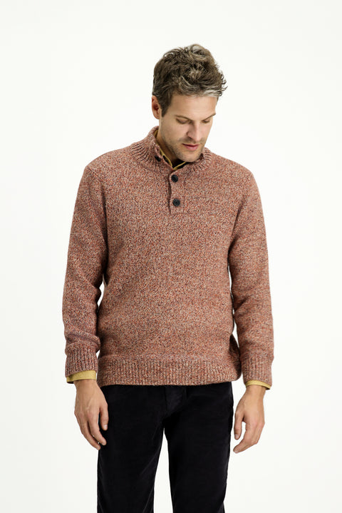 Tile-colored Half Turtleneck Button-Down Regular Fit Patterned Alpaca Wool Knit Sweater