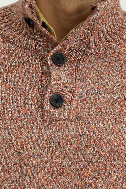 Tile-colored Half Turtleneck Button-Down Regular Fit Patterned Alpaca Wool Knit Sweater