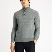Mint Green Half Turtleneck Buttoned Regular Fit Patterned Alpaca Wool Knit Sweater
