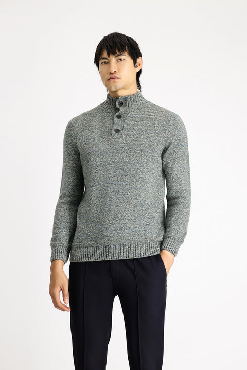 Mint Green Half Turtleneck Buttoned Regular Fit Patterned Alpaca Wool Knit Sweater