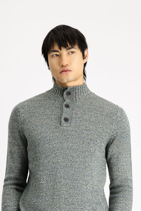 Mint Green Half Turtleneck Buttoned Regular Fit Patterned Alpaca Wool Knit Sweater