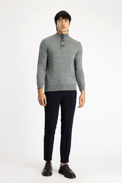 Mint Green Half Turtleneck Buttoned Regular Fit Patterned Alpaca Wool Knit Sweater