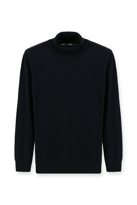 Dark Navy Turtleneck Regular Fit Patterned Cotton Knit Sweater